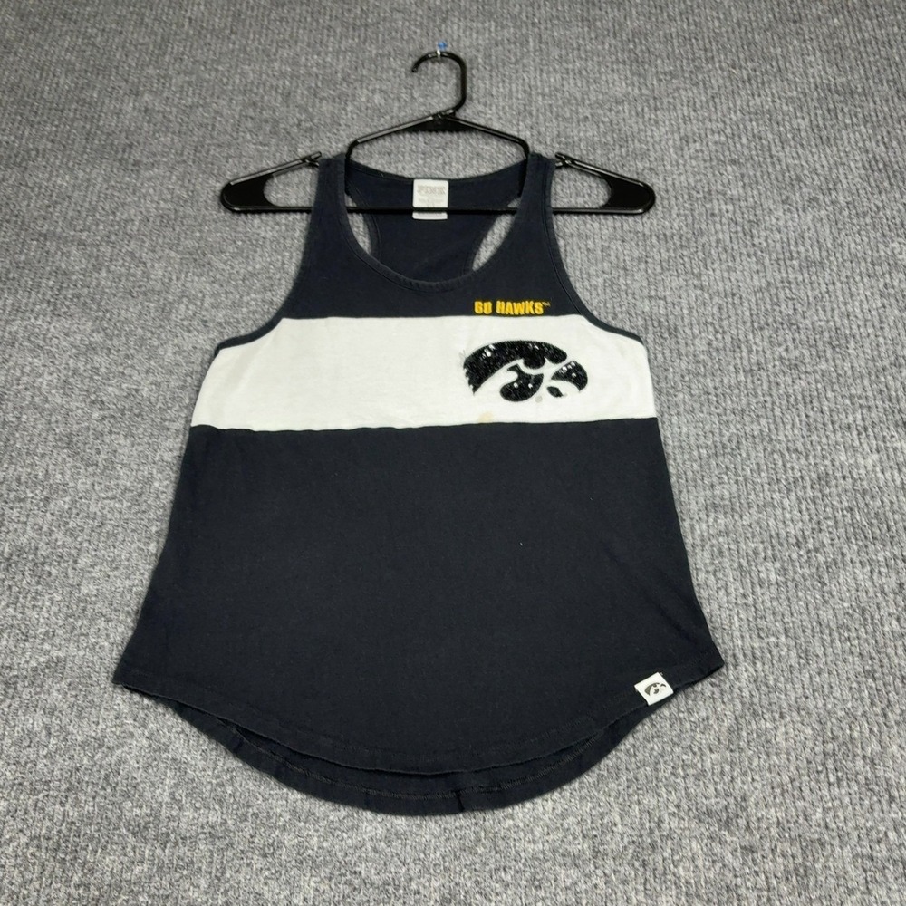 Iowa Hawkeyes PINK Tank Top Womens S Black Sequin Logo Racerback Colorblock Knit